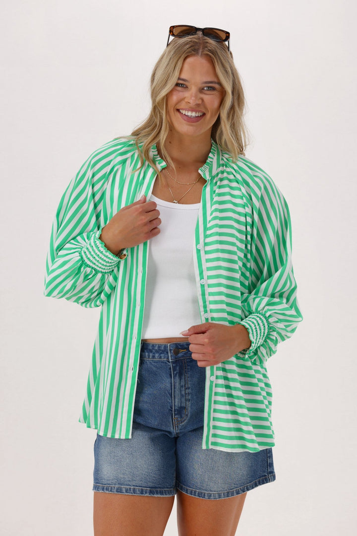 Sunday Boho Reece Stripe Blouse Green Stripe