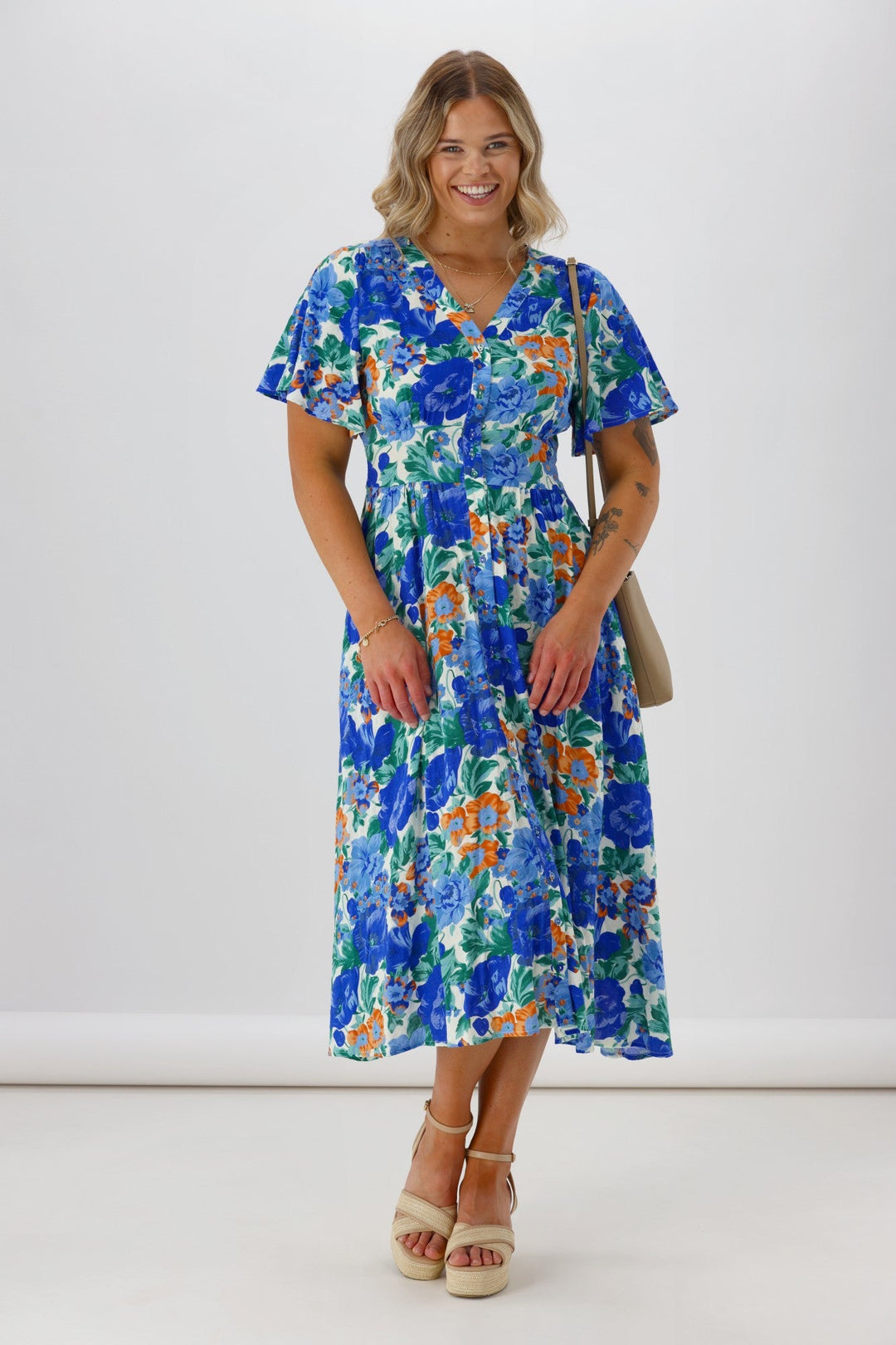 Sunday Boho Romina Button Through Flutter Sleeve Dress Blue Floral Print