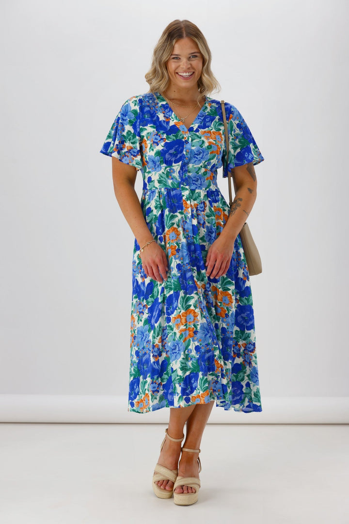 Sunday Boho Romina Button Through Flutter Sleeve Dress Blue Floral Print
