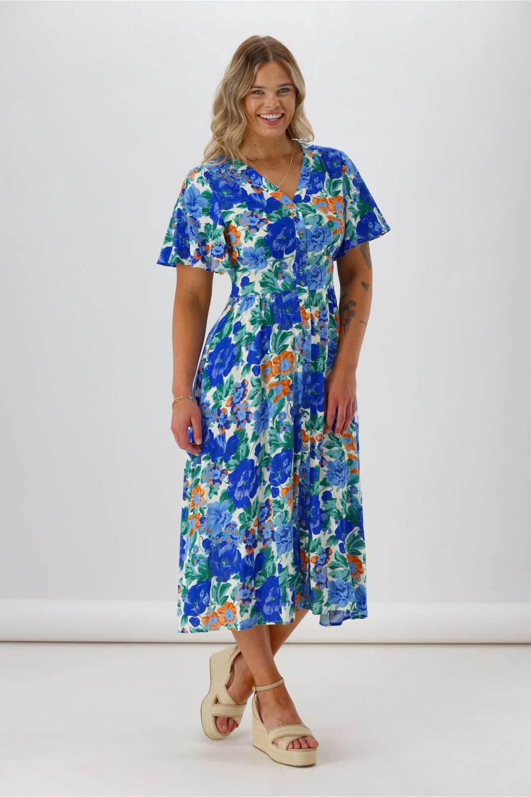 Sunday Boho Romina Button Through Flutter Sleeve Dress Blue Floral Print