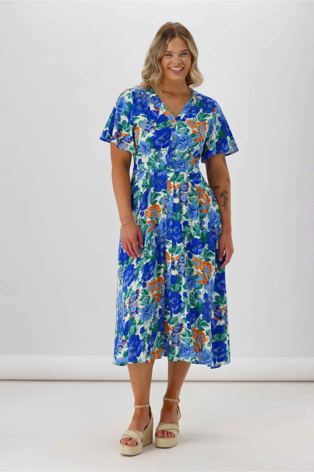 Sunday Boho Romina Button Through Flutter Sleeve Dress Blue Floral Print