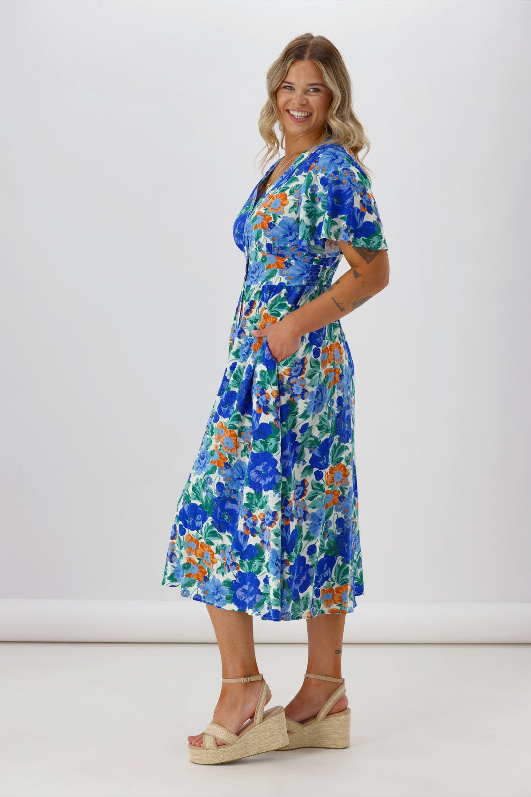 Sunday Boho Romina Button Through Flutter Sleeve Dress Blue Floral Print