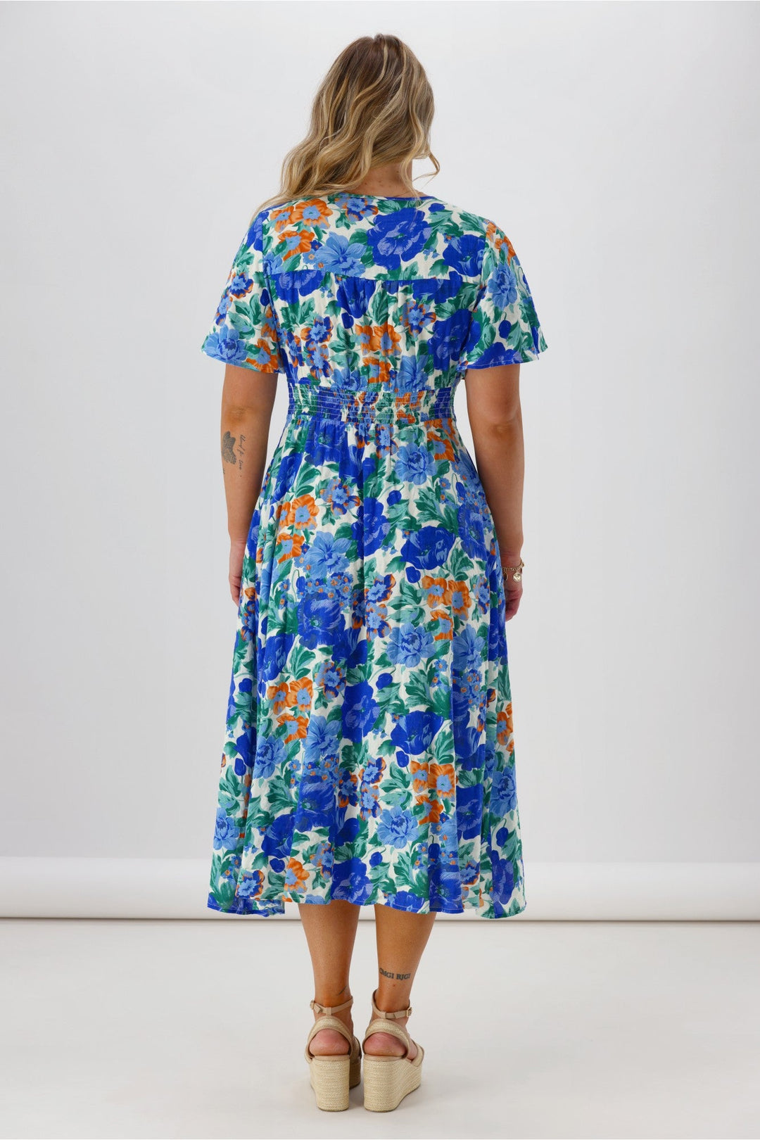 Sunday Boho Romina Button Through Flutter Sleeve Dress Blue Floral Print