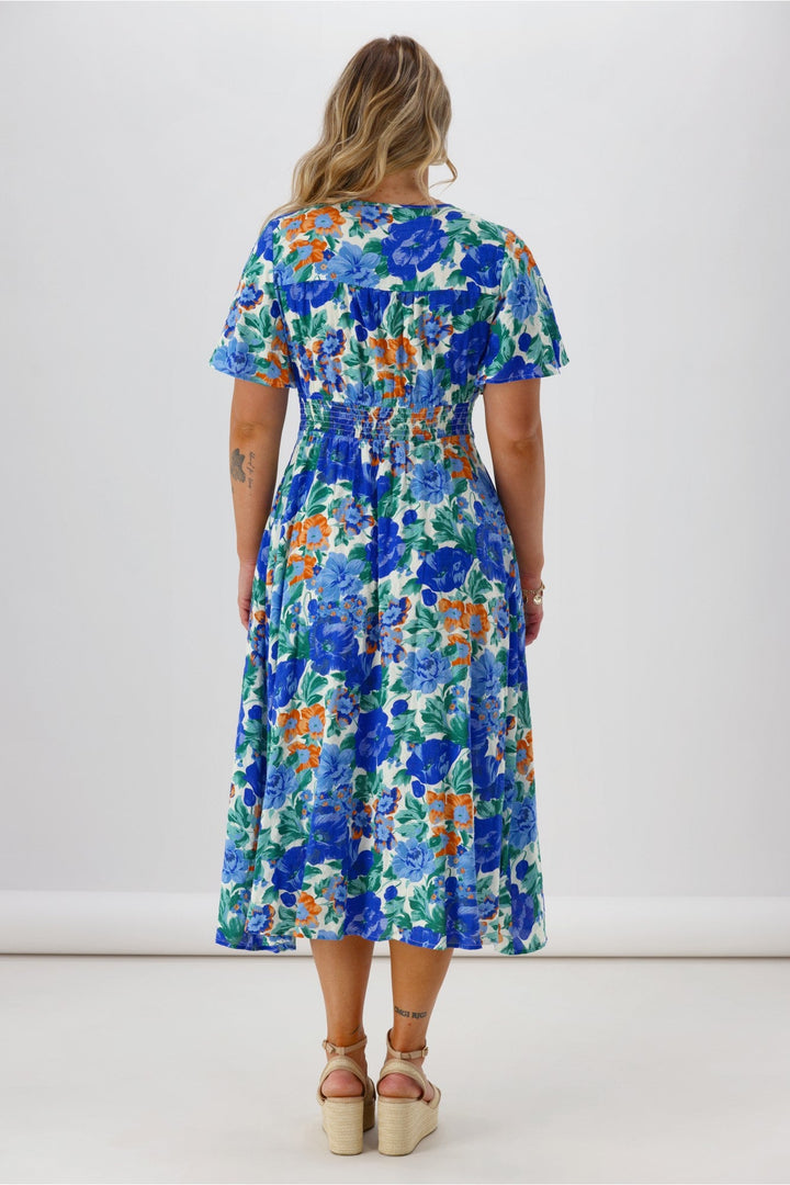 Sunday Boho Romina Button Through Flutter Sleeve Dress Blue Floral Print