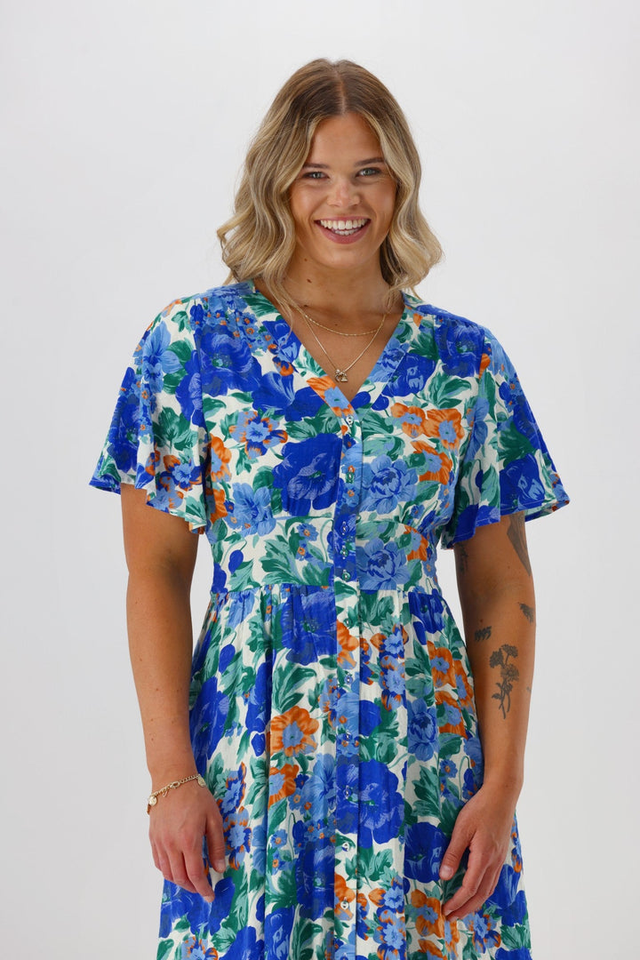 Sunday Boho Romina Button Through Flutter Sleeve Dress Blue Floral Print