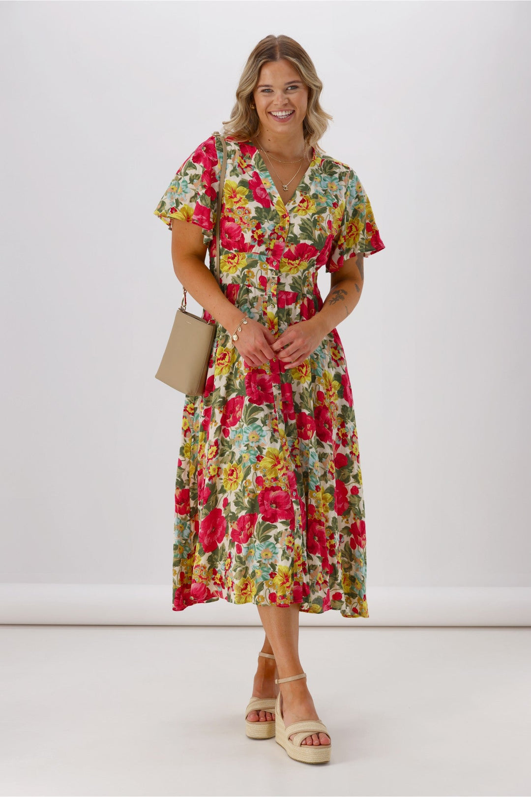 Sunday Boho Romina Button Through Flutter Sleeve Dress Pink Floral Print