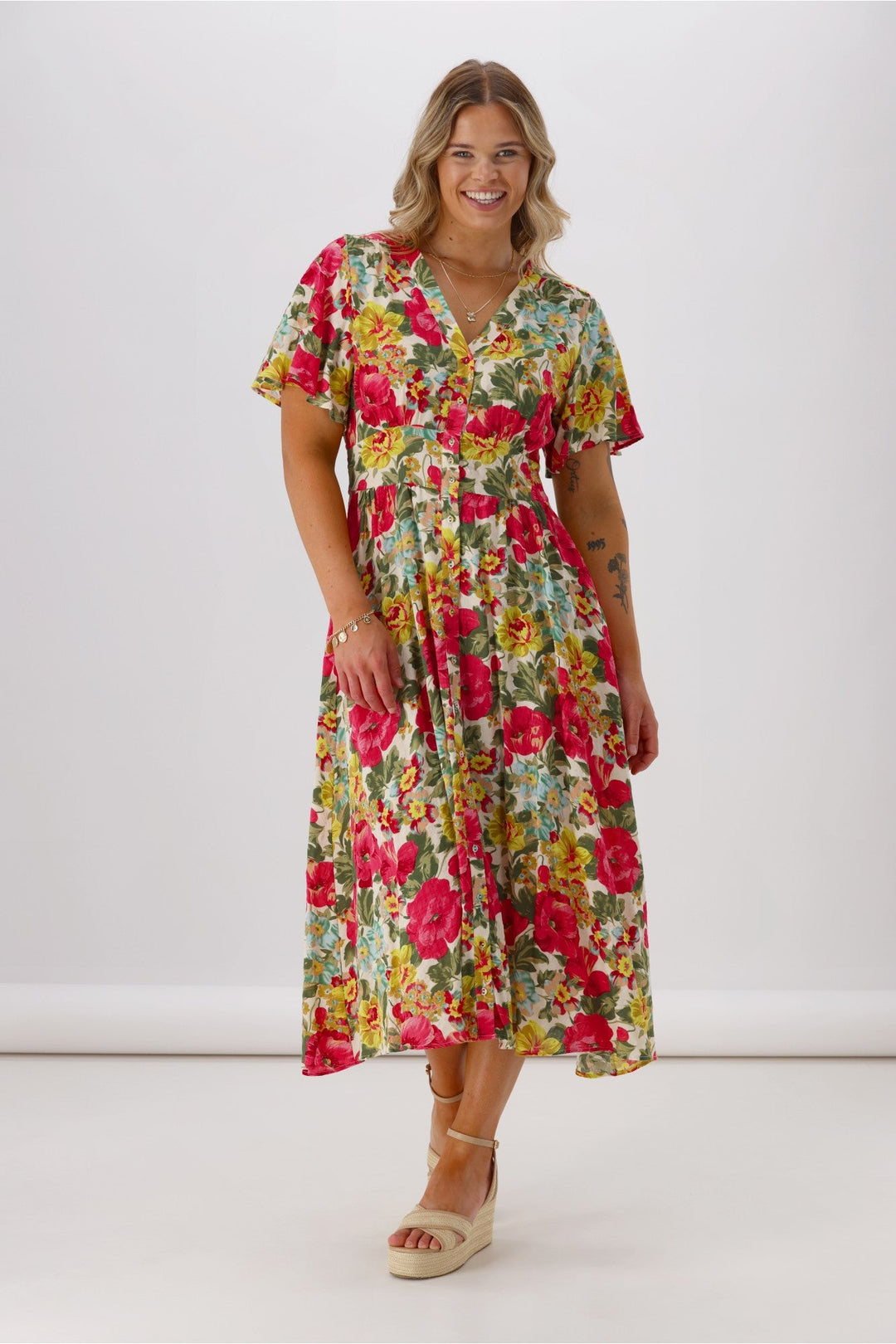 Sunday Boho Romina Button Through Flutter Sleeve Dress Pink Floral Print