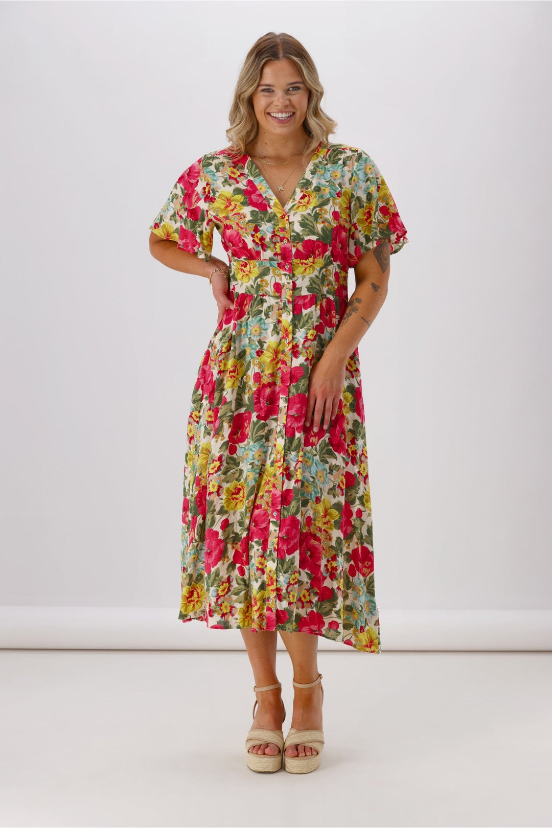 Sunday Boho Romina Button Through Flutter Sleeve Dress Pink Floral Print