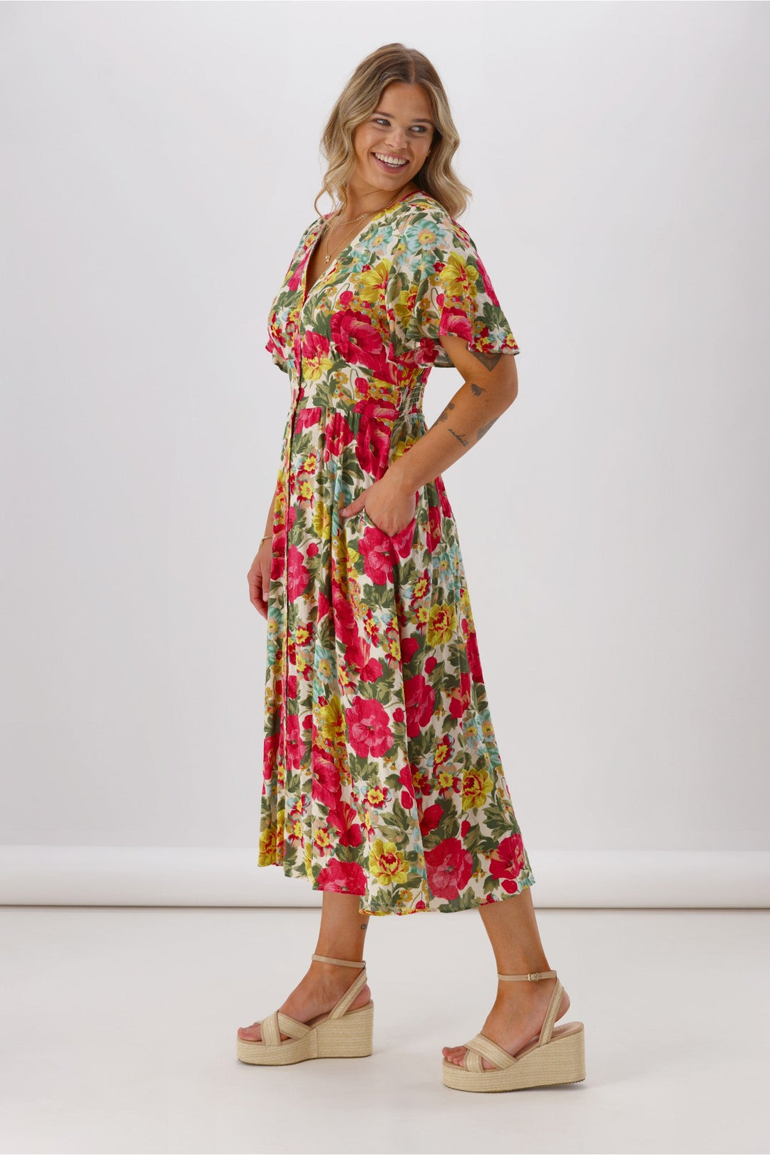 Sunday Boho Romina Button Through Flutter Sleeve Dress Pink Floral Print