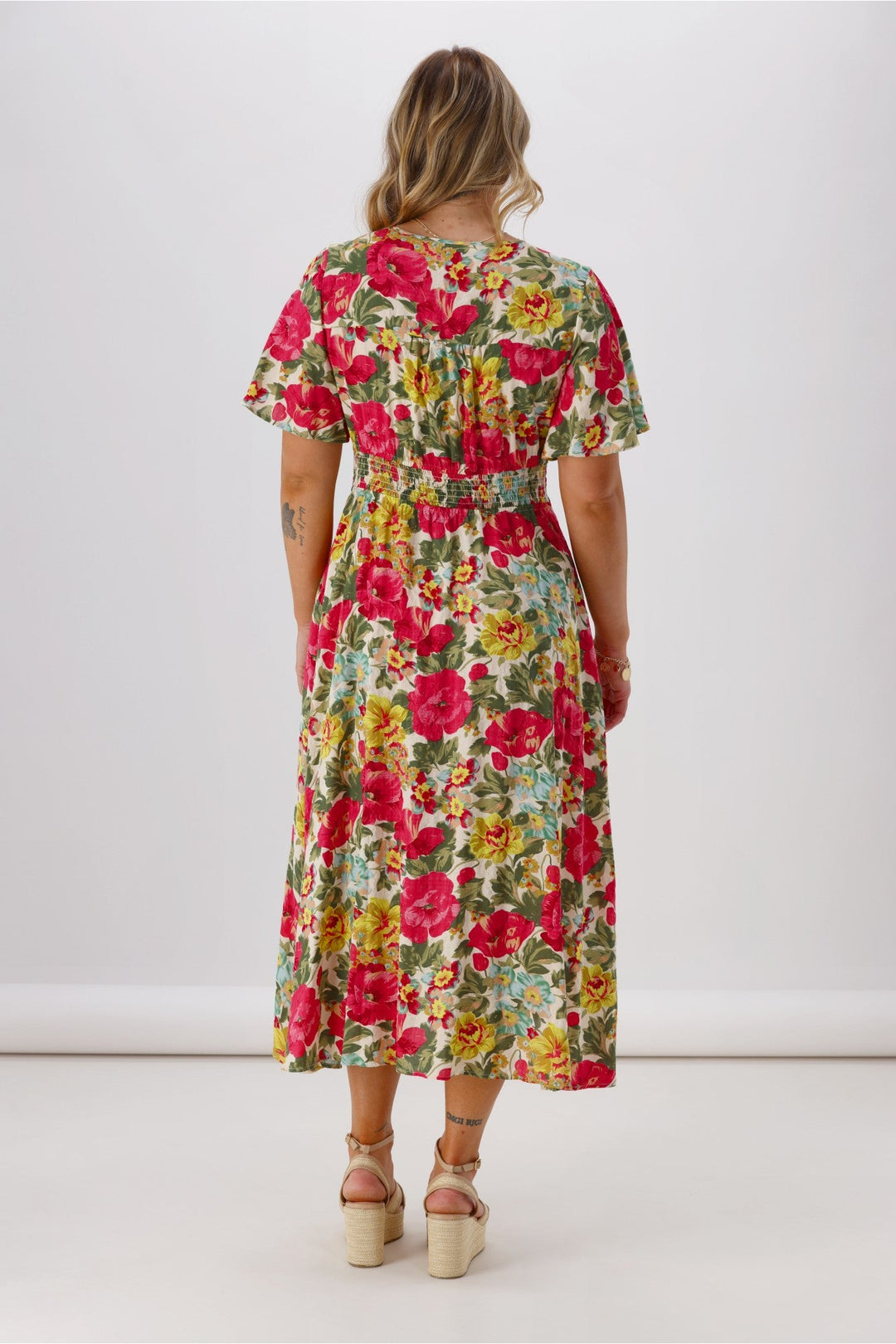 Sunday Boho Romina Button Through Flutter Sleeve Dress Pink Floral Print