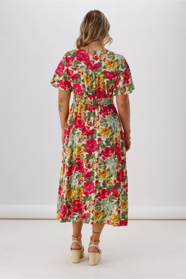 Sunday Boho Romina Button Through Flutter Sleeve Dress Pink Floral Print