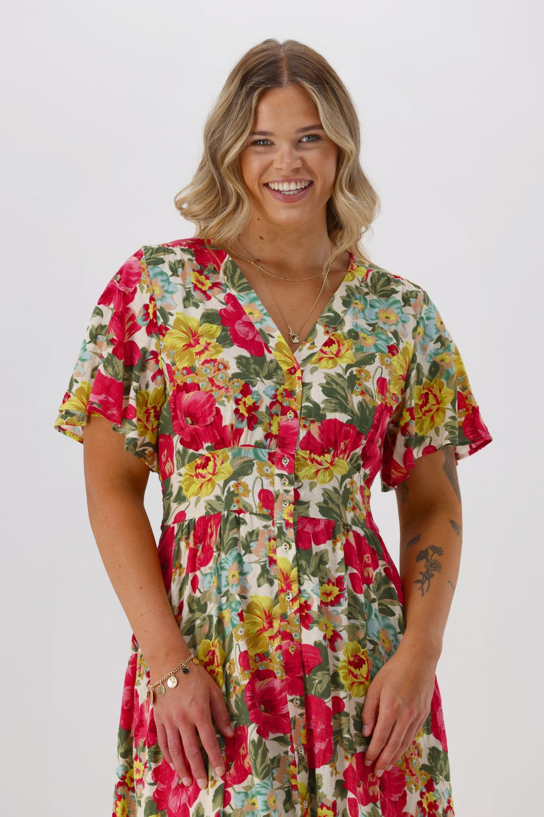 Sunday Boho Romina Button Through Flutter Sleeve Dress Pink Floral Print