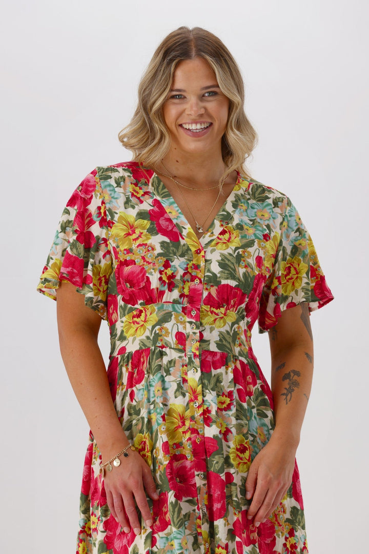 Sunday Boho Romina Button Through Flutter Sleeve Dress Pink Floral Print