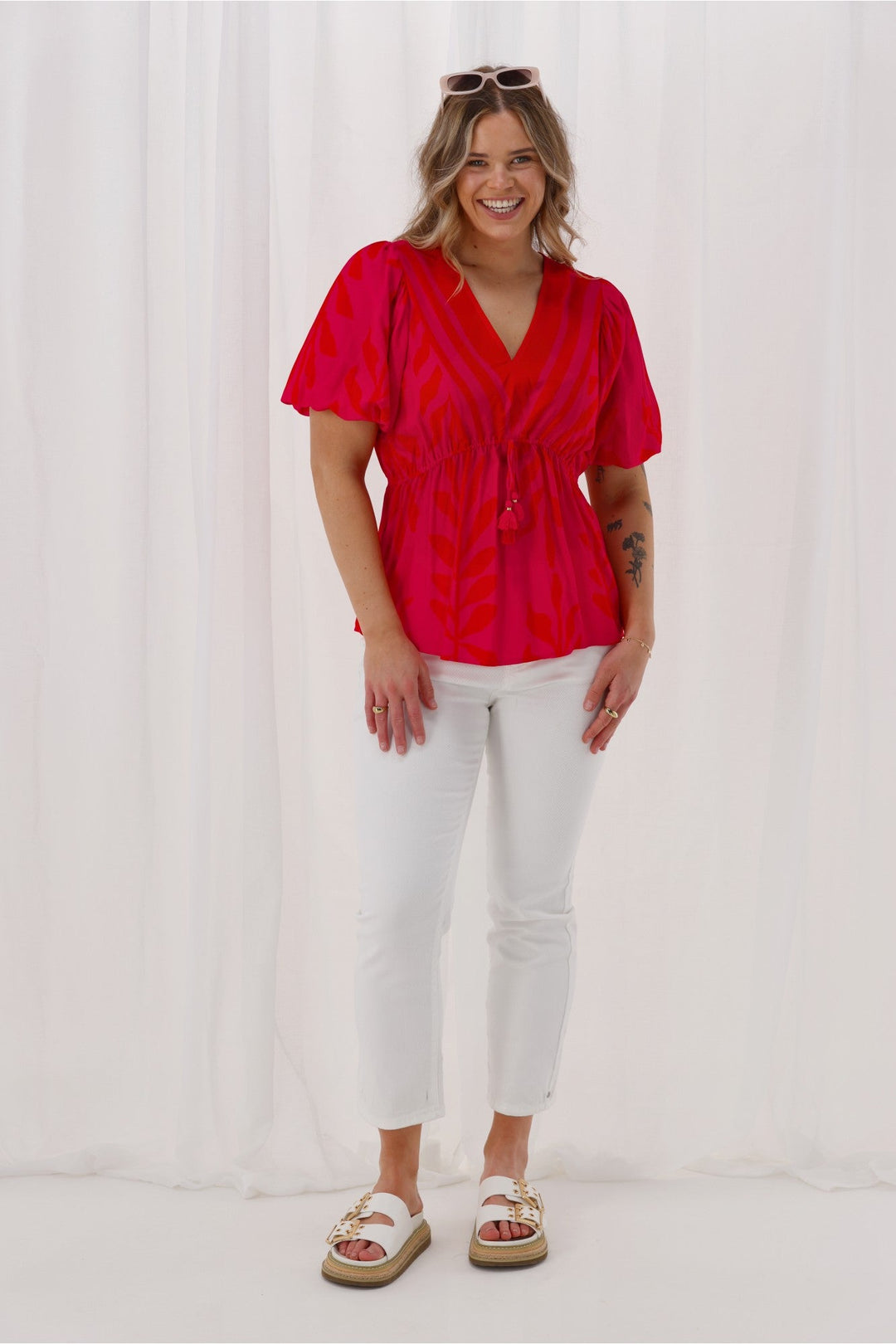 Sunday Boho Sierra Border Print Top Fuchsia Lipstick