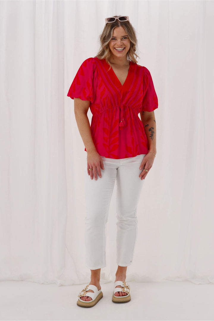 Sunday Boho Sierra Border Print Top Fuchsia Lipstick
