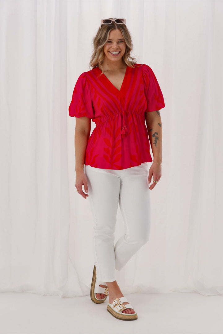 Sunday Boho Sierra Border Print Top Fuchsia Lipstick