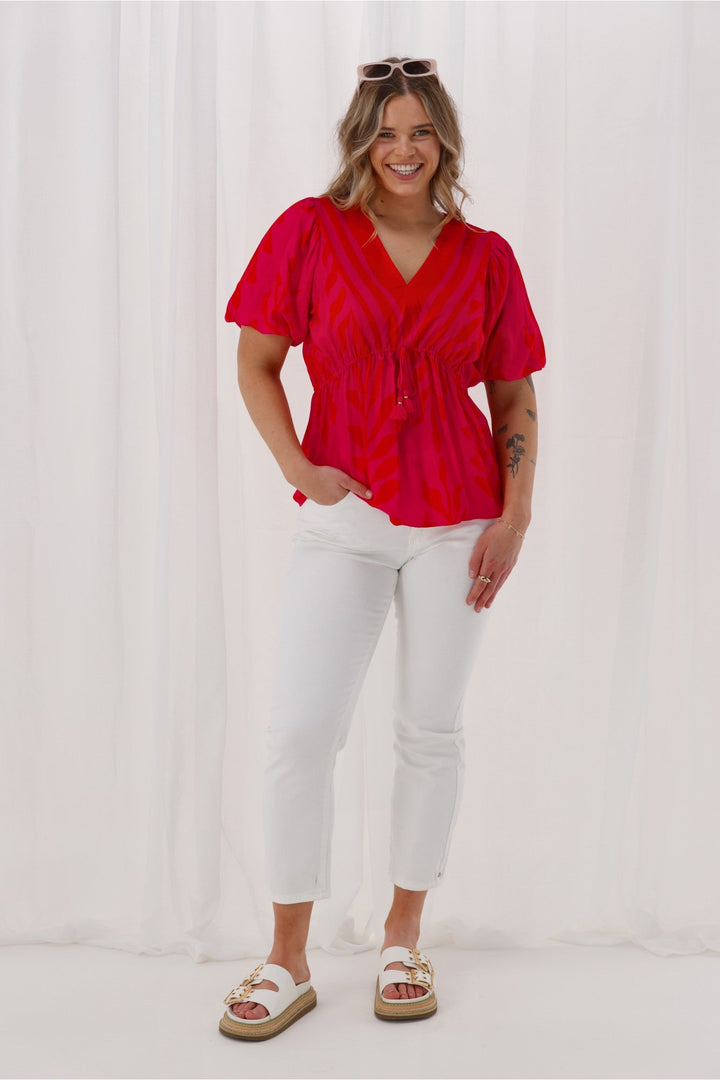 Sunday Boho Sierra Border Print Top Fuchsia Lipstick