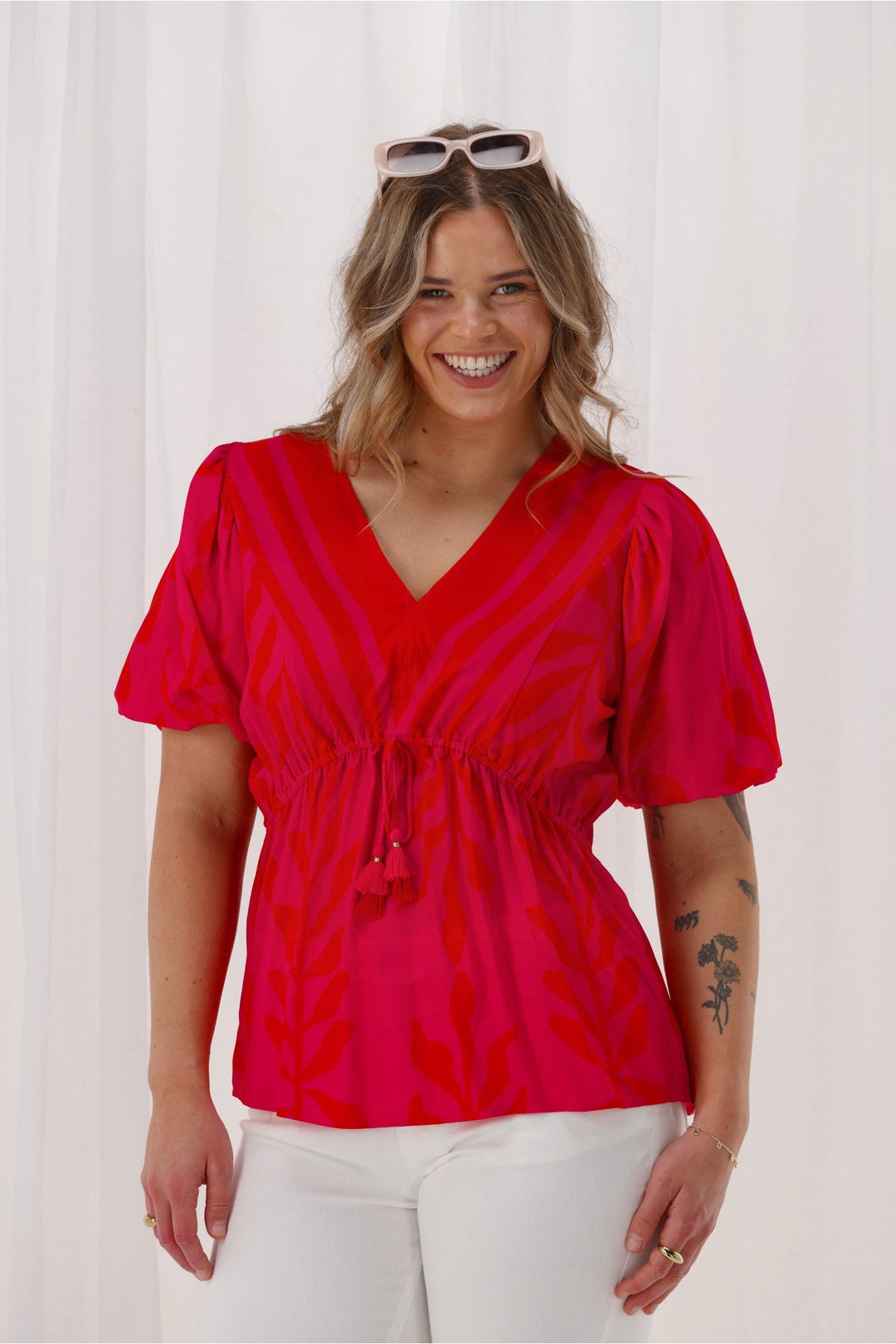 Sunday Boho Sierra Border Print Top Fuchsia Lipstick