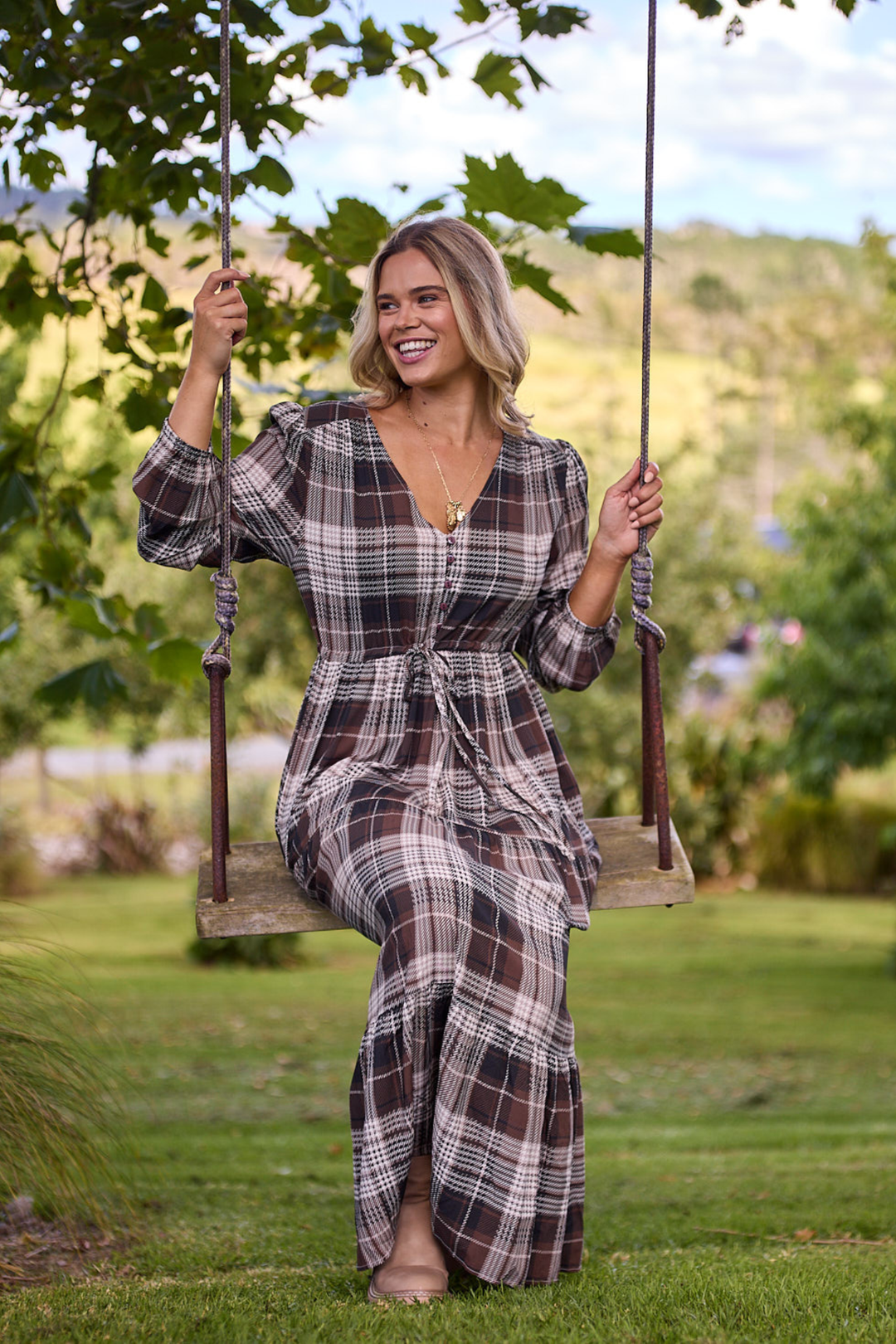 Sunday Boho Beckett Midi Dress Chocolate Check