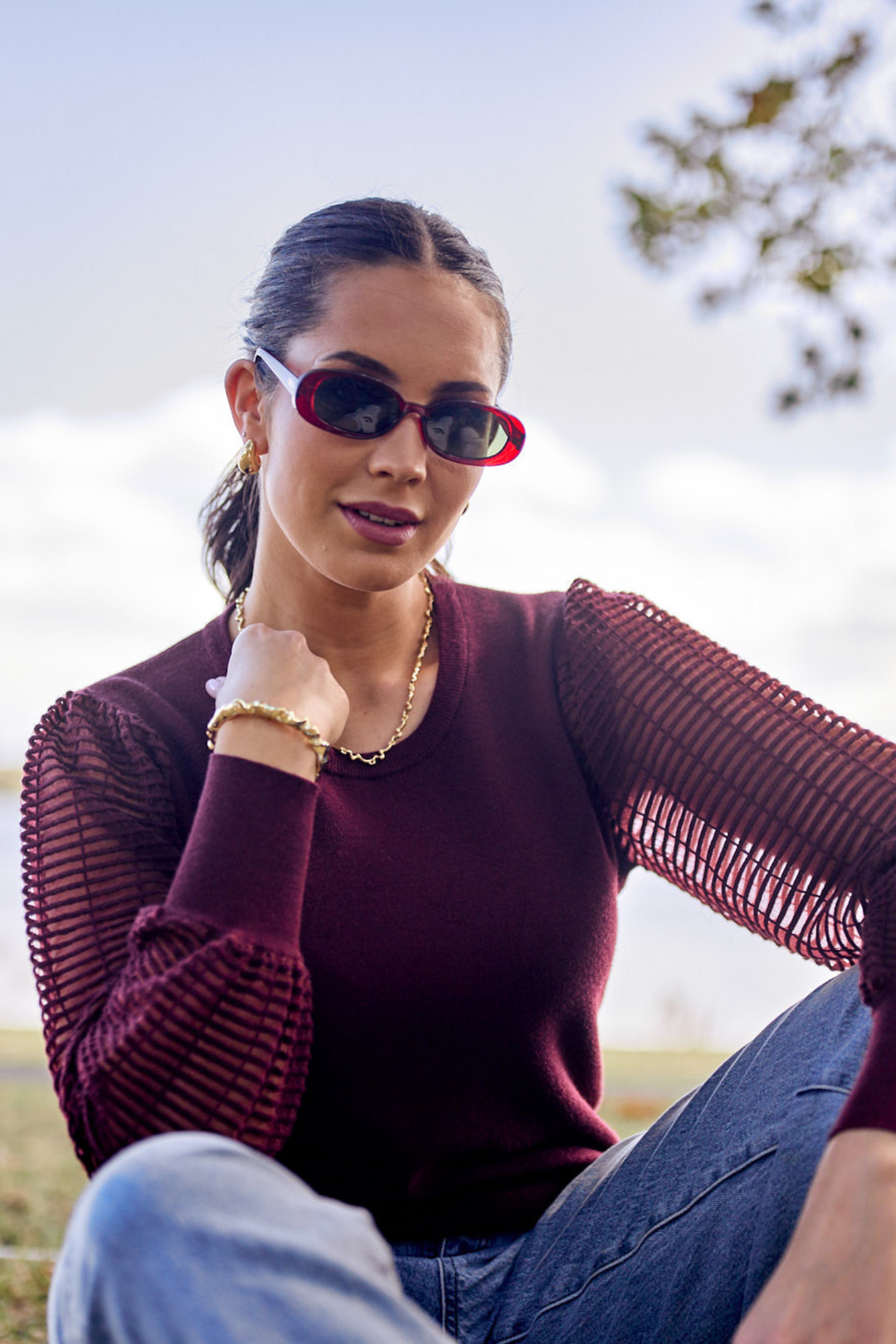 Label Olivia Contrast Sleeve Knit Top Merlot