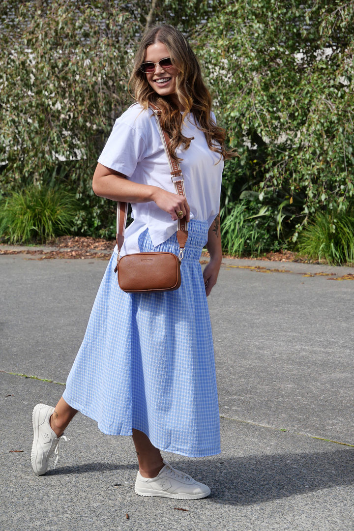Label Haylene Shirred Waist Skirt Blue Gingham