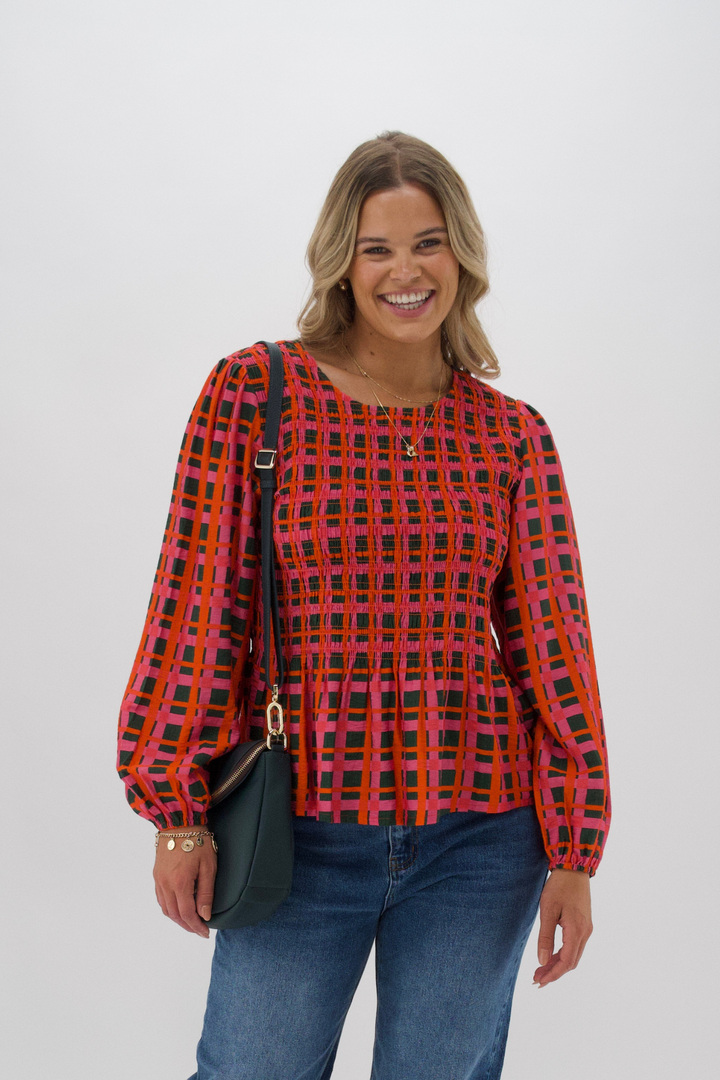 Label Sherry Shirred Top  Forest Check