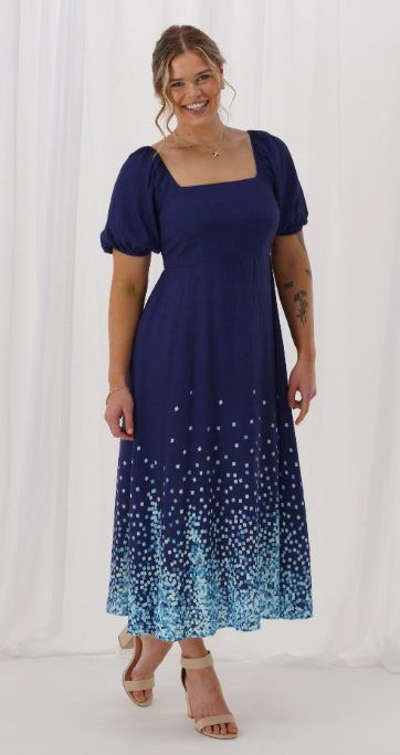 Gloss The Label Maggie Puff Sleeve Dress Blue Square Print